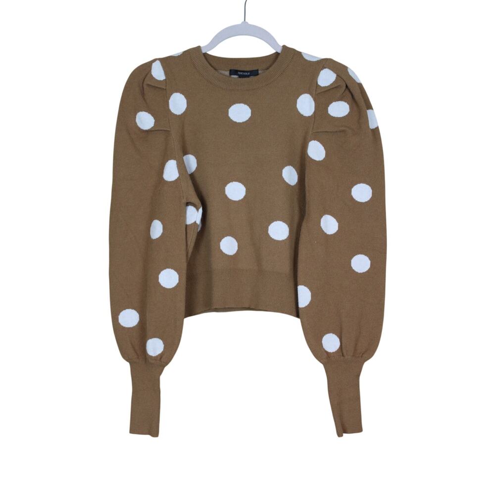 Forever 21 Brown Polka Dot Knit Puff Sleeves Stylish Cute Raglan Sweater Size S